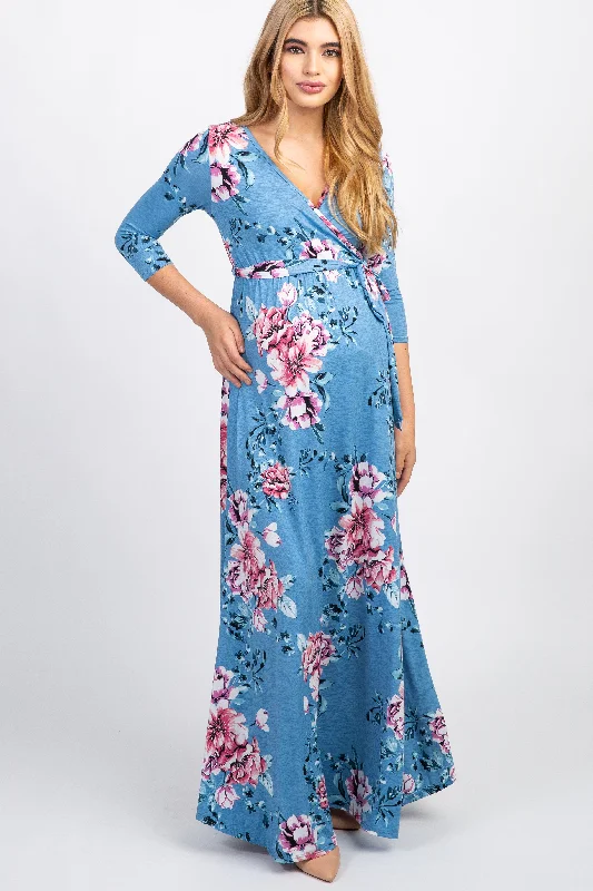 PinkBlush Blue Floral Sash Tie Maternity/Nursing Wrap Maxi Dress Trendy V-Neck Maxi Dress