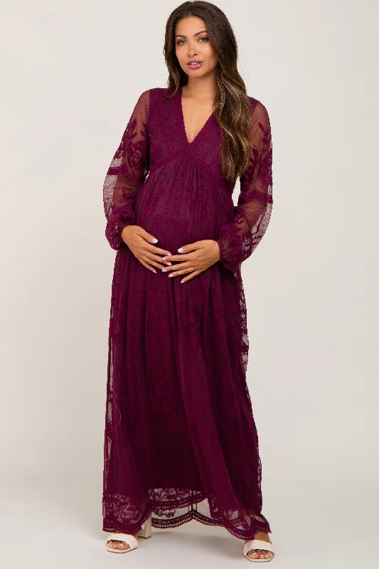 PinkBlush Burgundy Lace Mesh Long Sleeve Maternity Maxi Dress Elegant Sleeveless Maxi Dress