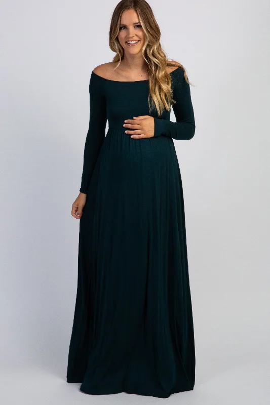 PinkBlush Forest Green Solid Off Shoulder Maternity Maxi Dress Stylish Boho Maxi Dress