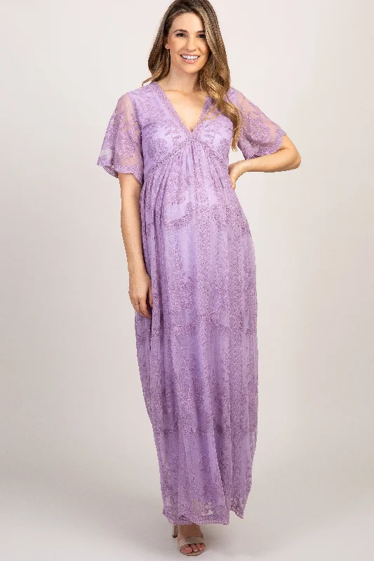 PinkBlush Lavender Lace Mesh Overlay Maternity Maxi Dress Comfortable Cotton Maxi Dress