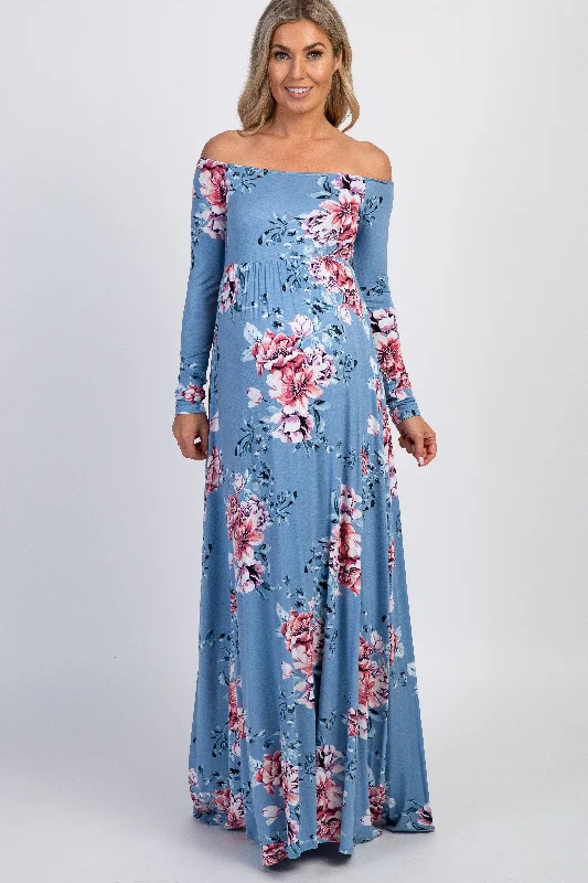 PinkBlush Light Blue Floral Off Shoulder Maternity Maxi Dress Comfortable Long-Sleeve Maxi Dress