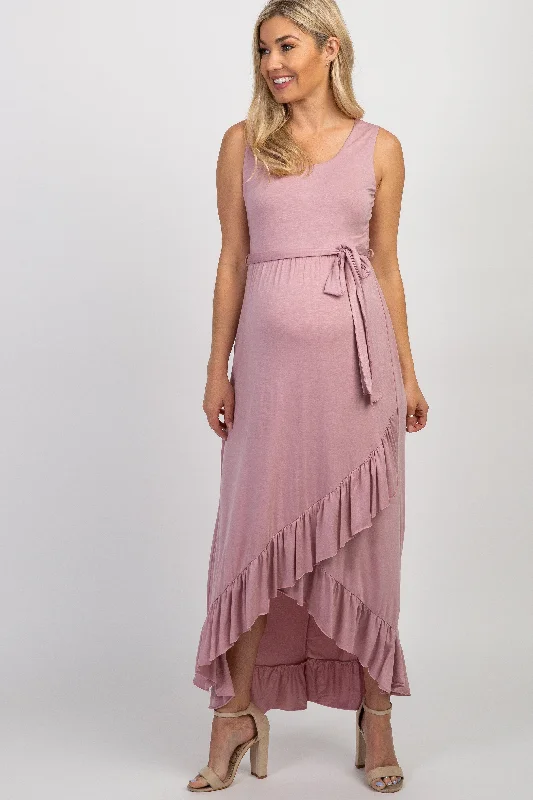 PinkBlush Mauve Sleeveless Hi-Low Ruffle Trim Maternity Maxi Dress Stylish A-Line Maxi Dress