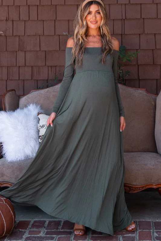 PinkBlush Olive Solid Off Shoulder Maternity Maxi Dress Elegant Tiered Maxi Dress