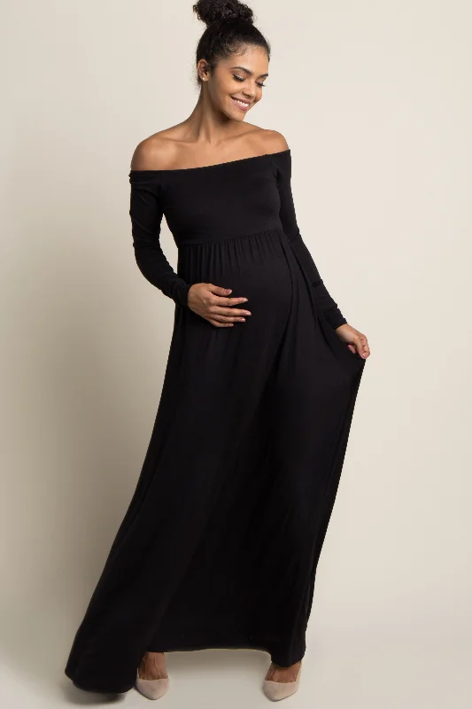 PinkBlush Petite Black Solid Off Shoulder Maternity Maxi Dress Cozy Ruffle Sleeve Maxi Dress