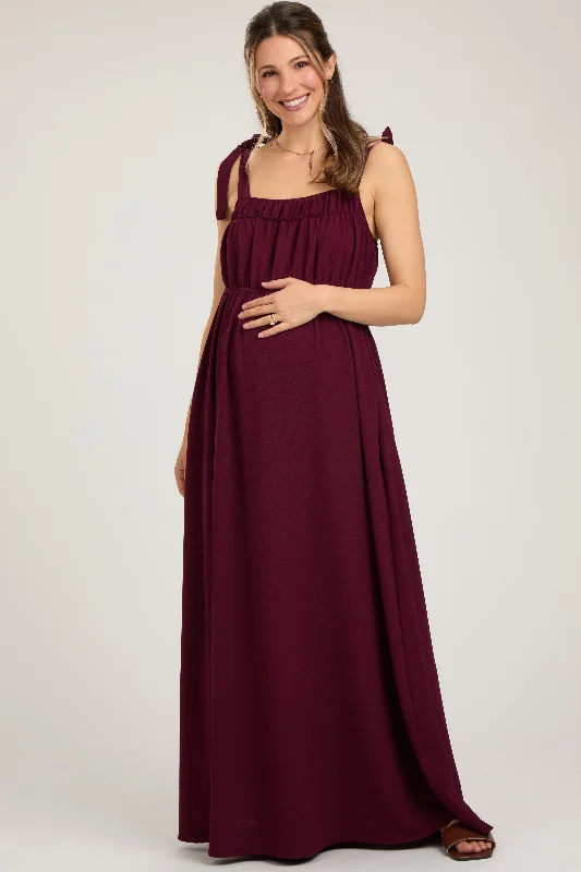 Plum Square Neck Shoulder Tie Maternity Maxi Dress Elegant Maxi Dress with Slit