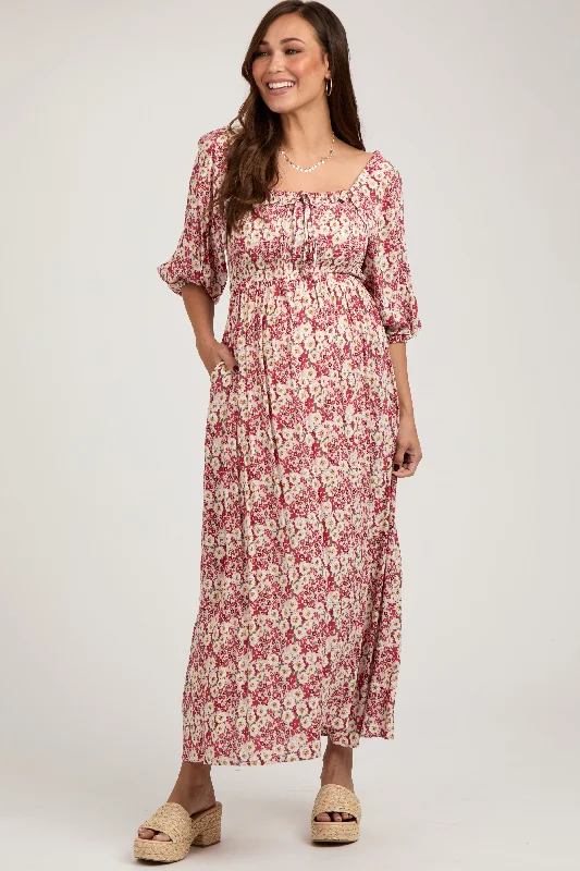 Red Abstract Floral Smocked Maternity Maxi Dress Fashionable Printed Maxi Dress