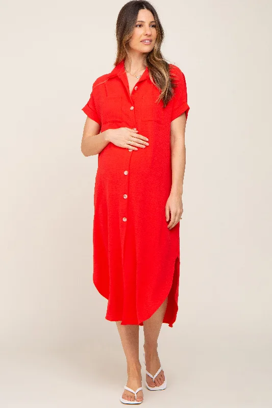 Red Button Down Hi Low Maternity Maxi Dress Trendy Maxi Dress with Straps