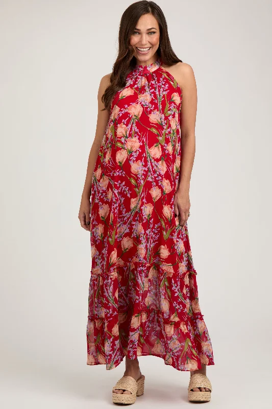 Red Floral Halter Maternity Maxi Dress Cozy Spaghetti Strap Maxi Dress