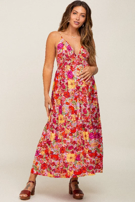 Red Floral Open Back Maternity Maxi Dress Comfortable Ruffle Maxi Dress