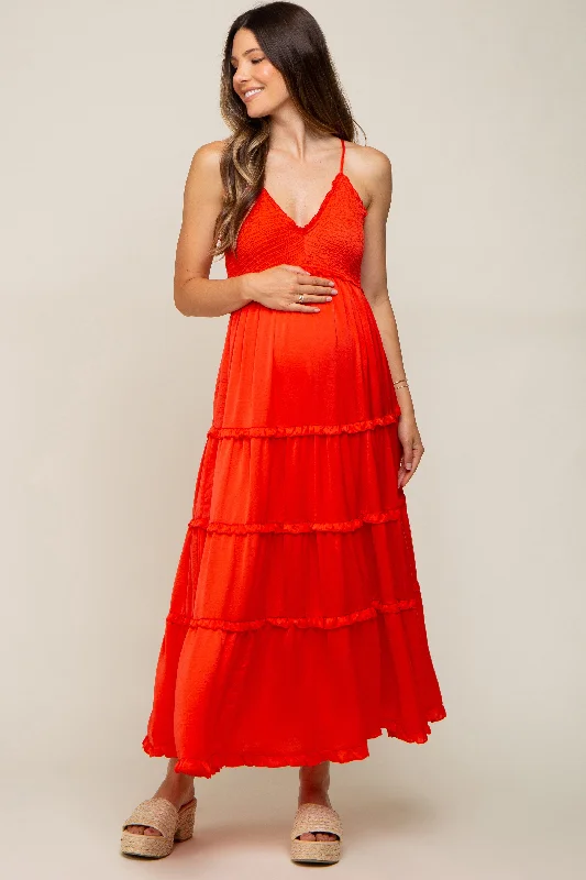 Red Orange Smocked Ruffle Tiered Maternity Maxi Dress Fashionable Asymmetrical Maxi Dress