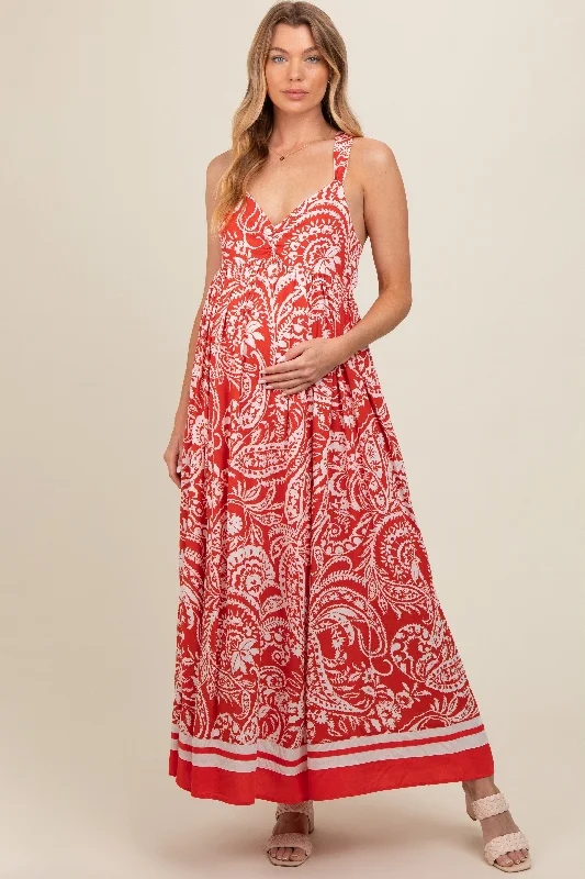 Red Paisley Cutout Back Maternity Maxi Dress Fashionable Faux Wrap Maxi Dress