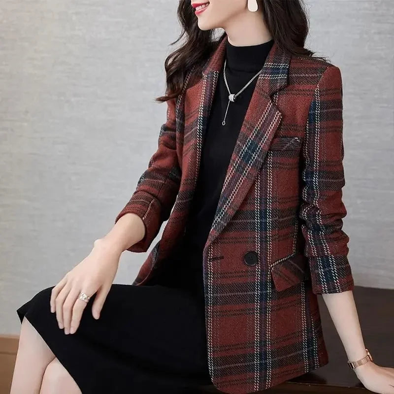 Red Plaid Suit Jacket Female 2022 Spring Autumn New Casual Vintage Woolen Small Suit Elegant Lady Office Blazers Women Outerwear Jersey Jacket Tulle Jacket Batik Jacket