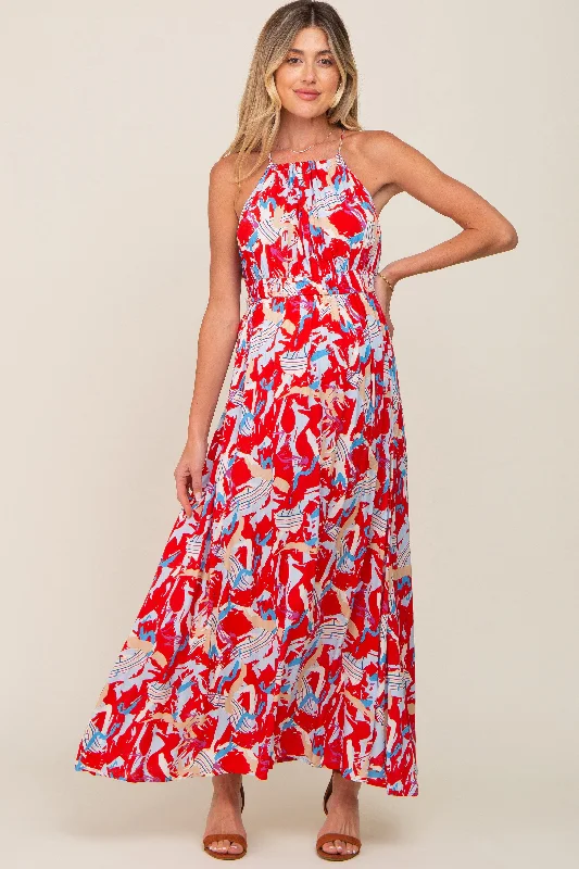 Red Printed Halter Smocked Waist Maternity Maxi Dress Classic Tulle Maxi Dress