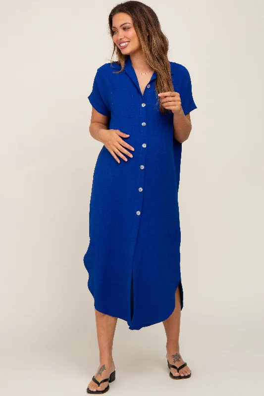 Royal Blue Button Down Hi Low Maternity Maxi Dress Comfortable Bohemian Maxi Dress