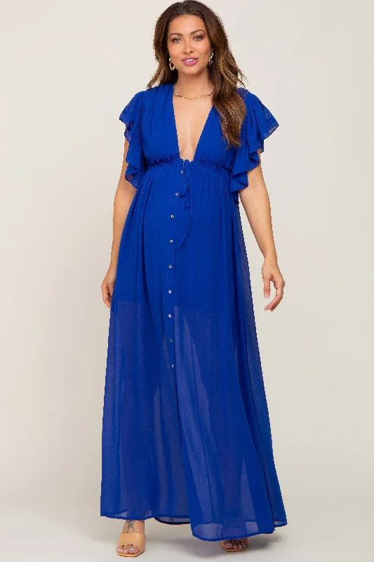 Royal Blue Flounce Button Front Maternity Maxi Dress Comfortable Long-Sleeve Maxi Dress