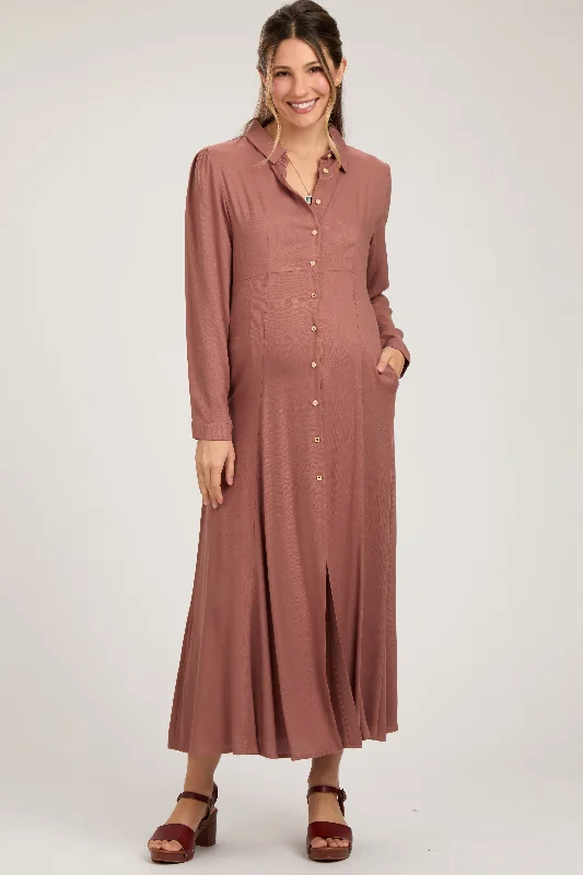 Rust Collared Button Down Long Sleeve Maternity Maxi Dress Trendy Maxi Dress with Bow