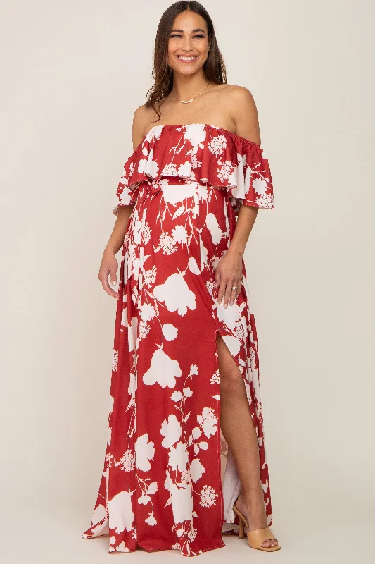 Rust Floral Overlay Off-Shoulder Side Slit Maternity Maxi Dress Chic Sleeveless Maxi Dress