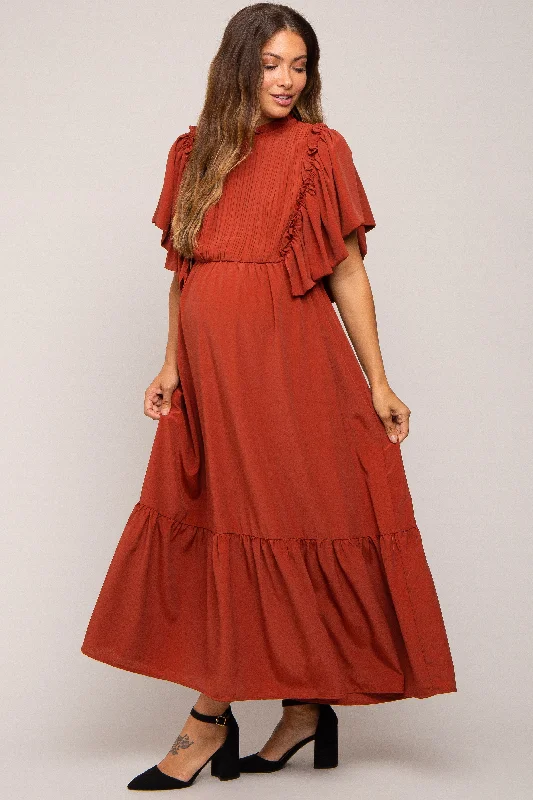 Rust Ruffle Pleated Maternity Maxi Dress Stylish Boho Chic Maxi Dress