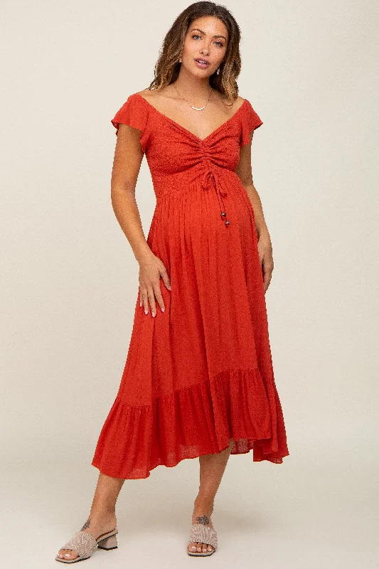 Rust Smocked Ruched Ruffle Hem Maternity Maxi Dress Comfortable Casual Maxi Dress