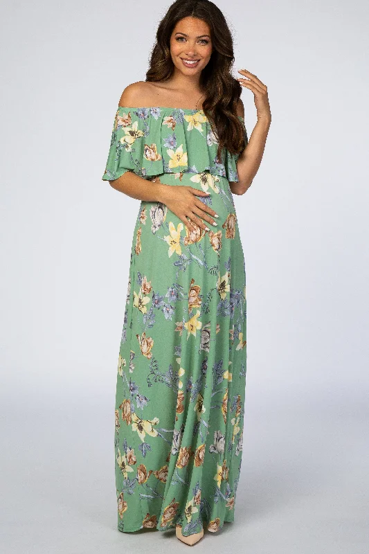 Sage Floral Off Shoulder Maternity Maxi Dress Elegant Pleated Maxi Dress