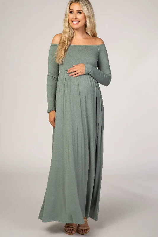 Sage Off Shoulder Long Sleeve Maternity Maxi Dress Comfortable Maxi Dress with Belt