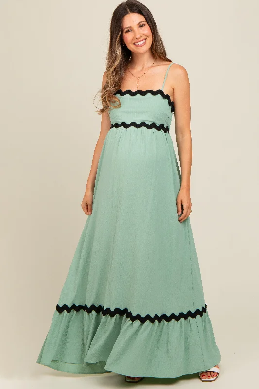 Sage Sleeveless ZigZag Accent Maternity Maxi Dress Elegant Boho Maxi Dress