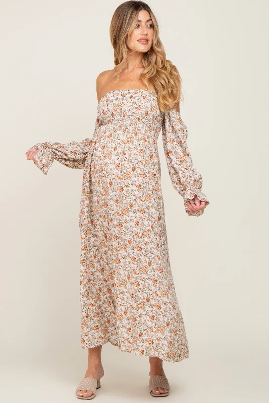 Taupe Floral Off Shoulder Long Sleeve Maternity Maxi Dress Stylish V-Neck Maxi Dress