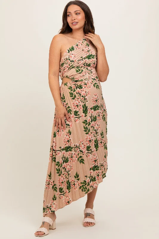 Taupe Floral One Shoulder Pleated Asymmetrical Maternity Maxi Dress Fashionable Open-Back Maxi Dress