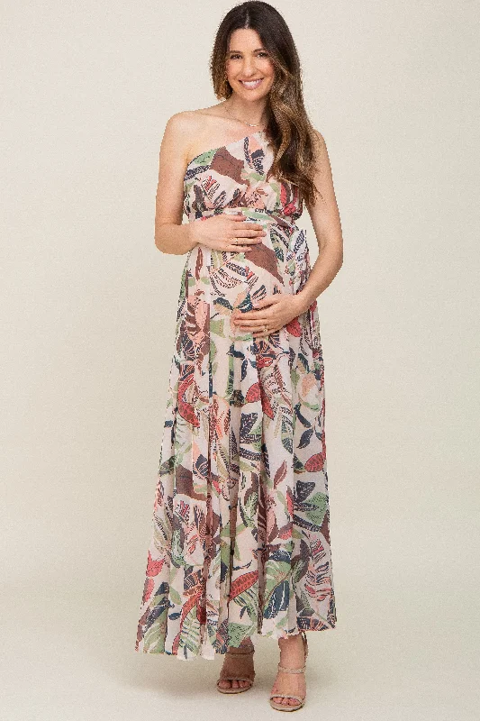 Taupe Leaf Print Chiffon One Shoulder A-Line Waist Tie Maternity Maxi Dress Stylish Boho Chic Maxi Dress