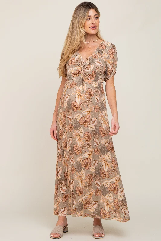 Taupe Leaf Print Cinched Accent Maternity Maxi Dress Stylish Empire Waist Maxi Dress