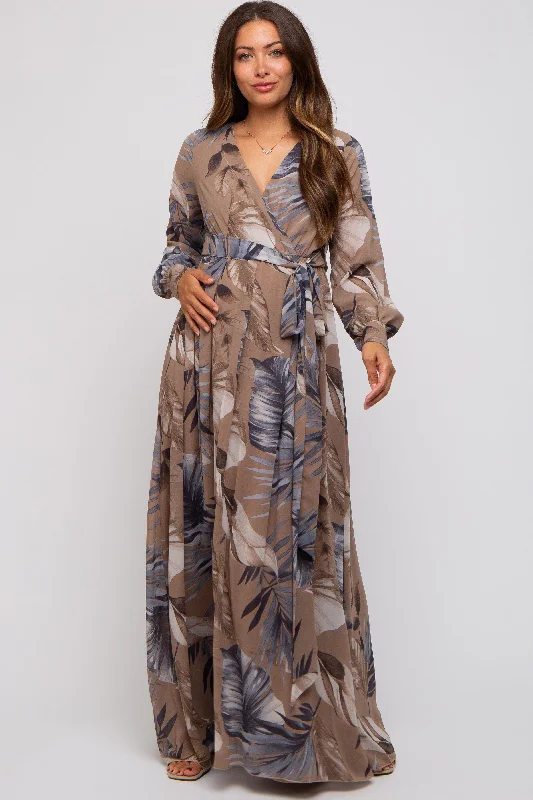 Taupe Palm Print Chiffon Wrap Front V-Neck Long Sleeve Maternity Maxi Dress Trendy V-Neck Maxi Dress