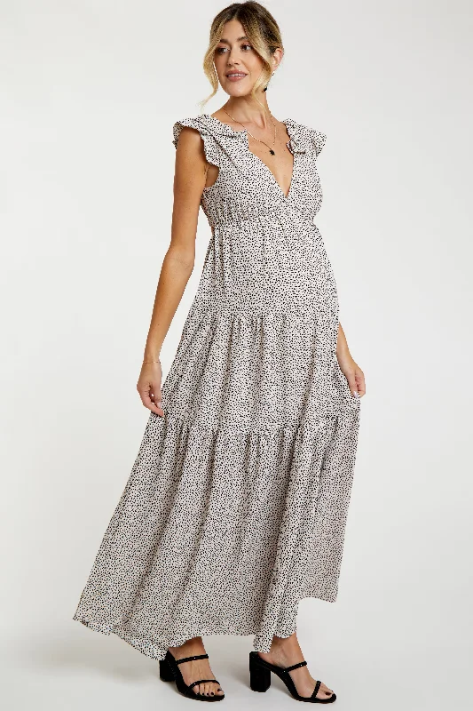 Taupe Printed Tiered Cutout Back Maternity Maxi Dress Comfortable Flowy Maxi Dress