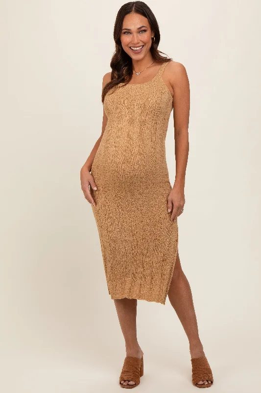 Taupe Rib Knit Side Slit Maternity Maxi Dress Stylish Empire Waist Maxi Dress