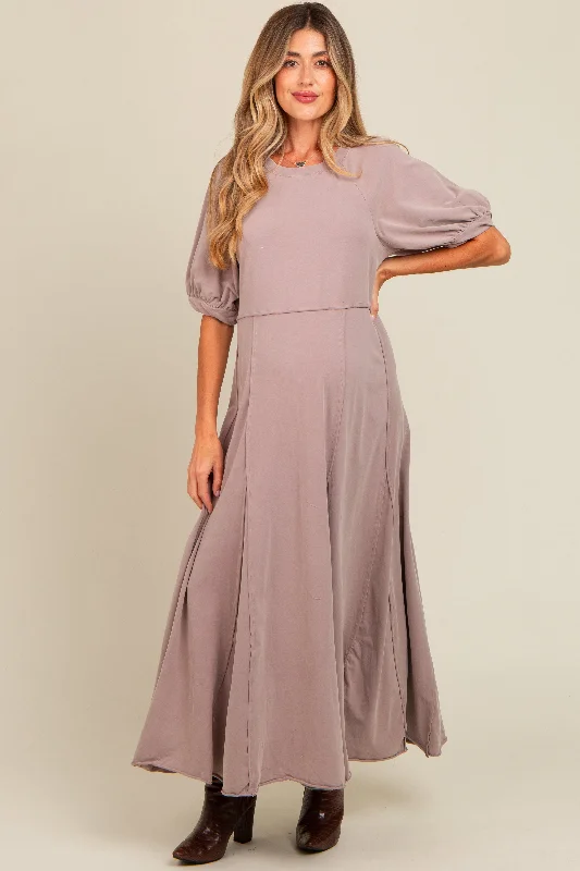 Taupe Vintage Wash Puff Sleeve Maternity Maxi Dress Fashionable Halter Neck Maxi Dress