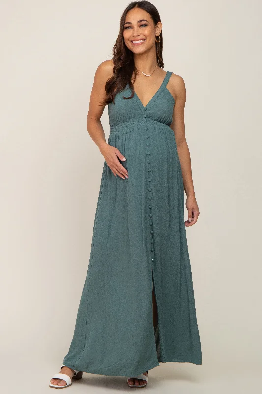 Teal Button Front Accent Maternity Maxi Dress Trendy Floral Print Maxi Dress