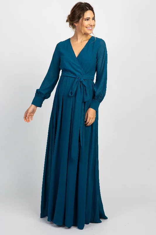 Teal Chiffon Long Sleeve Pleated Maternity Maxi Dress Elegant Maxi Dress with Ruffles