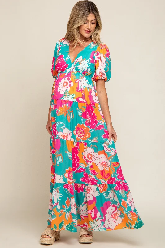 Teal Floral Puff Sleeve Tiered Maternity Maxi Dress Fashionable Button-Down Maxi Dress