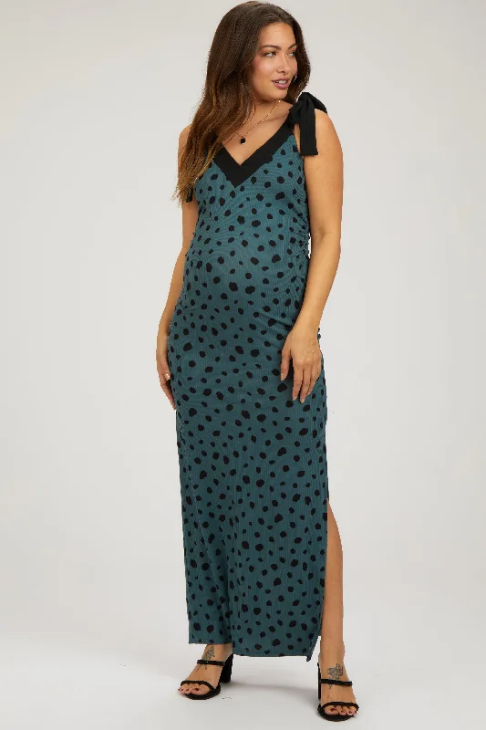 Teal Ribbed Polka Dot Shoulder Tie Maternity Maxi Dress Comfortable Fit-and-Flare Maxi Dress