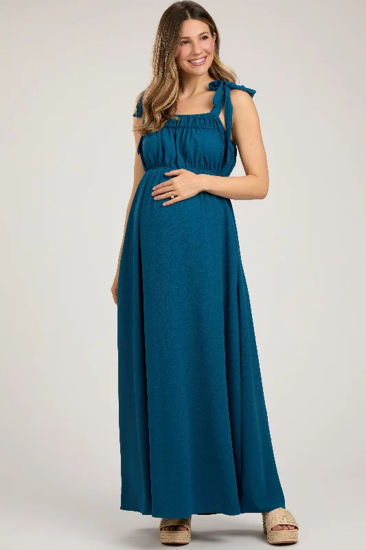 Teal Square Neck Shoulder Tie Maternity Maxi Dress Elegant Wraparound Maxi Dress