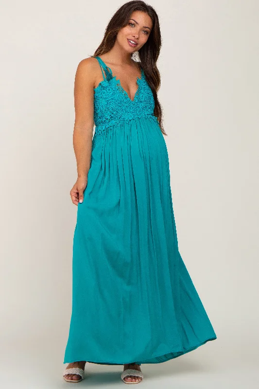 Turquoise Crochet Lace Maternity Maxi Dress Comfortable Maxi Dress with Belt