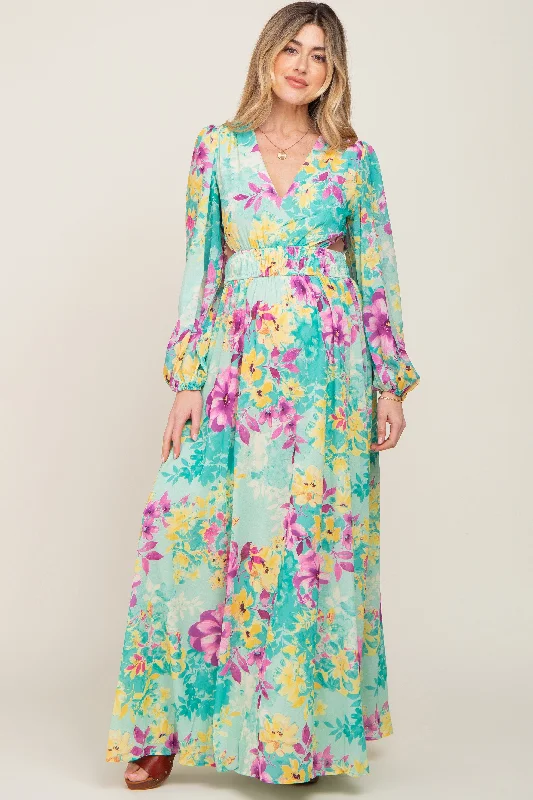 Turquoise Floral Side Cutout Maternity Maxi Dress Stylish Boho Maxi Dress