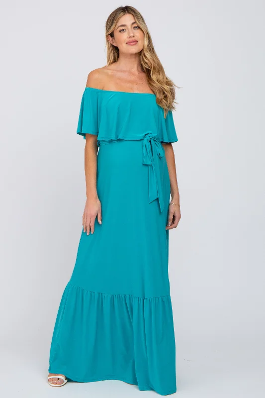 Turquoise Off Shoulder Maternity Maxi Dress Comfortable Maxi Dress with Sleeves