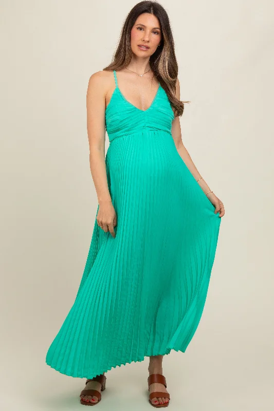 Turquoise Pleated Back Cutout Tie Maternity Maxi Dress Trendy Maxi Dress with Belt