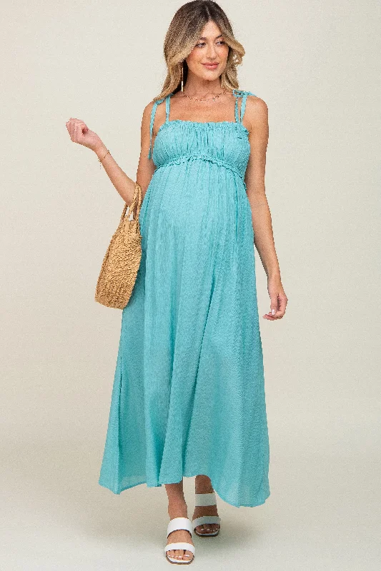 Turquoise Sleeveless Ruffle Trim Maternity Maxi Dress Stylish Off-Shoulder Maxi Dress