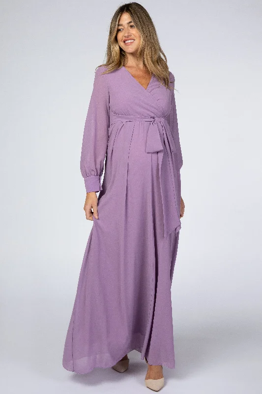 Violet Chiffon Long Sleeve Pleated Maternity Maxi Dress Trendy Ruffled Maxi Dress