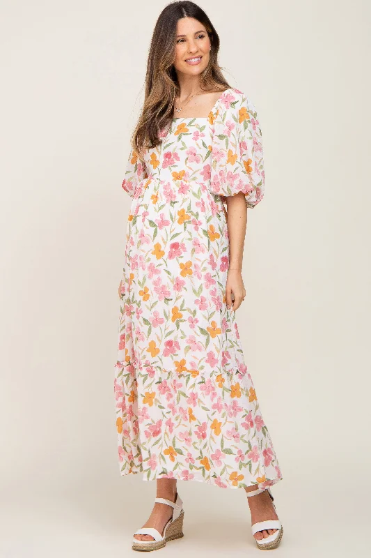 White Floral Puff Sleeve Maternity Maxi Dress Elegant Maxi Dress with Ruffles