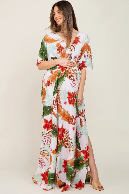 White Floral Smocked Waist Maternity Maxi Dress Elegant Silk Maxi Dress