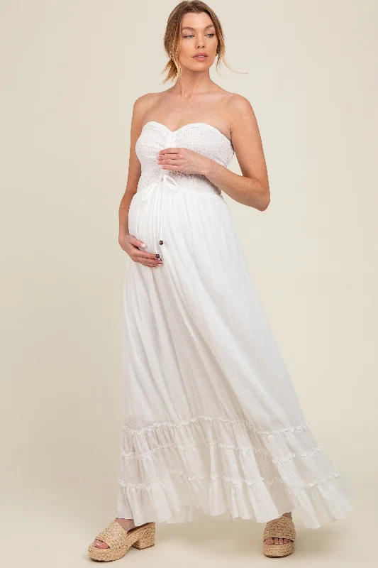 White Smocked Cutout Back Maternity Maxi Dress Fashionable Layered Maxi Dress