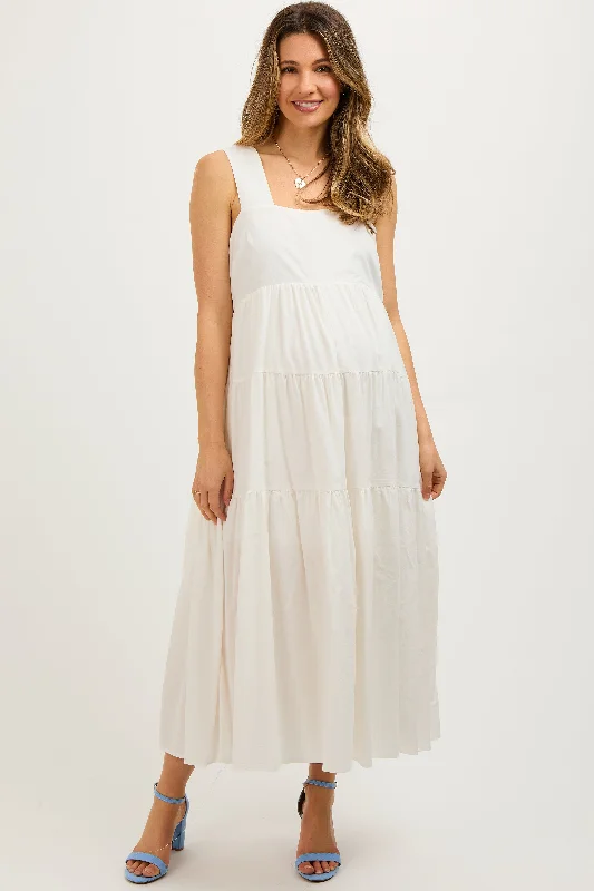 White Tiered Maternity Maxi Dress Cozy Knitted Maxi Dress