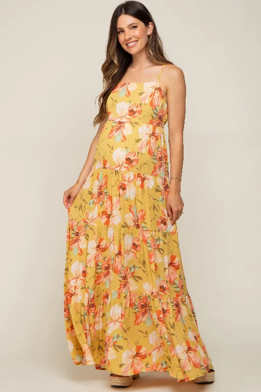 Yellow Floral Sleeveless Tiered Maternity Maxi Dress Chic Boho Print Maxi Dress